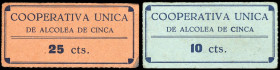 Alcolea de Cinca (Huesca). Cooperativa Única. 10 y 25 céntimos. (KG. 53b) (RGH. 348 var y 349). 2 cartones. Raros y más así. EBC+.