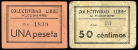 Alcubierre (Huesca). Colectividad Libre. C.N.T. 50 céntimos y 1 peseta. (KG. 57) (RGH. 394). 2 cartones, el de 50 céntimos nº 33. Raros. BC/MBC+.
