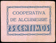 Alcubierre (Huesca). Cooperativa. 25 céntimos. (KG. 57a) (RGH. 395 var). Cartón. Raro. MBC+.