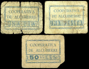 Alcubierre (Huesca). Cooperativa. 50 céntimos y 1 peseta (dos). (KG. 57a y 57a var) (RGH. 396, 397 y 397 var). 3 cartones distintos. Raros. BC-/BC+.