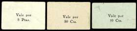 Alfántega (Huesca). Colectividad de Trabajadores del Campo. 10, 50 céntimos y 5 pesetas. (T. 26 a 28) (KG. falta) (RGH. falta). 3 cartones. Rarísimos....