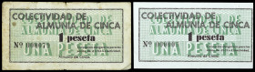 Almunia de Cinca (Huesca). Colectividad. 1 peseta (dos). (T. 34 y 34a) (KG. 92) (RGH. 630). 2 billetes, con y sin tampón, nº 000005 y 000079. Raros. B...