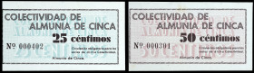Almunia de Cinca (Huesca). Colectividad. 25 y 50 céntimos. (T. 35a y 36a) (KG. 92) (RGH. 628 y 629). 2 billetes, nº 000301 y 000402. Raros y más así. ...