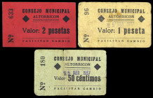 Altorrincón (Huesca). Consejo Municipal. U.G.T.-C.N.T. 50 céntimos, 1 y 2 pesetas. (T. 47 a 49) (KG. 98) (RGH. 675 a 677). 3 cartones, serie completa....