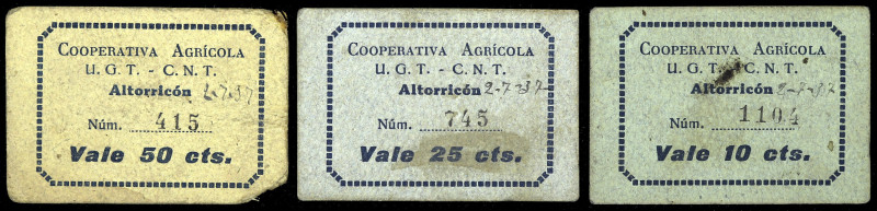 Altorricón (Huesca). Cooperativa Agrícola U.G.T.-C.N.T. 10, 25 y 50 céntimos. (T...
