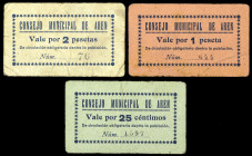 Arén (Huesca). Consejo Municipal. 25 céntimos, 1 y 2 pesetas. (T. 52 a 54) (KG. 104) (RGH. 743 a 745). 3 cartones, el de 2 pesetas nº 76. Raros. BC+/M...