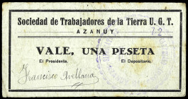 Azanuy (Huesca). Sociedad de Trabajadores de la Tierra. U.G.T. (T. 65 mismo ejemplar) (KG. 115a) (RGH. 822). Nº 72. Rarísimo. BC+.