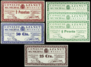 Azanuy (Huesca). Consejo Municipal. 25, 50 céntimos, 1 (tres) y 2 pesetas. (T. 67 a 70) (KG. 115 y falta) (RGH. 823 a 826). 6 billetes, una pareja cor...