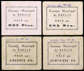 Baells (Huesca). Consejo Municipal. 25, 50 céntimos, 1 y 2 pesetas. (T. 71a, 72, 73 y 74, mismo ejemplar) (KG. 119) (RGH. 838, 839, 840, ambos sin ima...