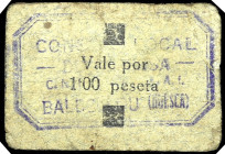 Baldellou (Huesca). Consejo Local de Defensa C.N.T.-F.A.I. 1 peseta. (T. 75, mismo ejemplar) (KG. falta) (RGH. 854). Cartón. Rarísimo. BC+.