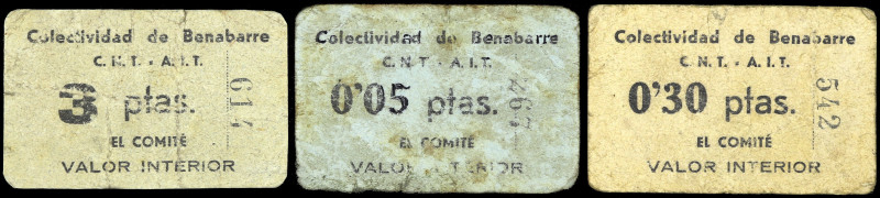 Benabarre (Huesca). Colectividad C.N.T.-A.I.T. 5, 30 céntimos y 3 pesetas. (T. 9...