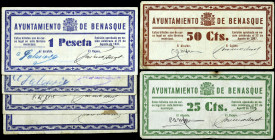 Benasque (Huesca). Ayuntamiento. 25, 50 céntimos y 1 peseta (cuatro). (T. 98, 98a, 98b, 98 var, 99 y 100) (KG. 150) (RGH. 1016 a 1018). 6 billetes, un...