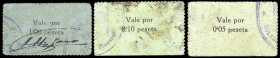 Boltaña (Huesca). Consejo Municipal. 5, 10 céntimos y 1 peseta. (KG. 189b) (RGH. 1262, 1263 y 1266). 3 cartones. Muy raros. BC+/MBC+.