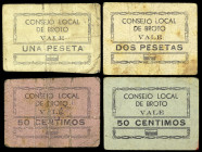 Broto (Huesca). Consejo Local. 50 céntimos (dos), 1 y 2 pesetas. (KG. 193 y falta) (RGH. 1290 a 1293). 4 cartones distintos, nº 93, 127, 326 y 327. Ra...