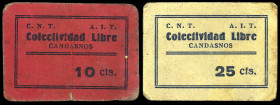Candasnos (Huesca). Colectiviad Libre C.N.T.-A.I.T. 10 y 25 céntimos. (KG. 230a) (RGH. 1538 y 1539). Muy raros. BC+/MBC.