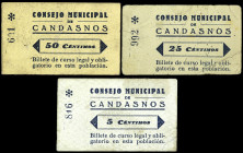 Candasnos (Huesca). Consejo Municipal. 5, 25 y 50 céntimos. (KG. 230) (RGH. 1543a, 1545a y 1546a). 3 cartones. Raros. MBC-/MBC.