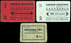 Candasnos (Huesca). Consejo Municipal y Colectividad Libre C.N.T.-A.I.T. 5, 10 céntimos y 1 peseta. (KG. 230 y 230a) (RGH. 1537, sin imagen, 1544 y 15...