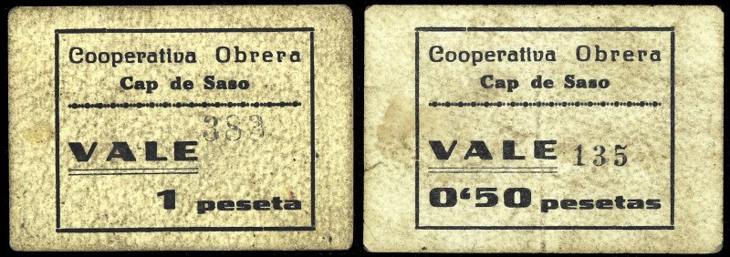 Cap de Saso (Huesca). Cooperativa Obrera. 50 céntimos y 1 peseta. (KG. falta) (R...