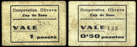 Cap de Saso (Huesca). Cooperativa Obrera. 50 céntimos y 1 peseta. (KG. falta) (RGH. 1600 y 1601). 2 cartones nº 135 y 383. Muy raros. BC+/MBC-.