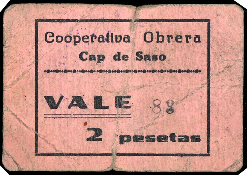 Cap de Saso (Huesca). Cooperativa Obrera. 2 pesetas. (KG. falta) (RGH. 1602, sin...