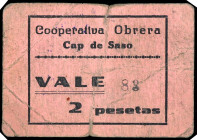 Cap de Saso (Huesca). Cooperativa Obrera. 2 pesetas. (KG. falta) (RGH. 1602, sin imagen). Cartón nº 83. Muy raro. BC.