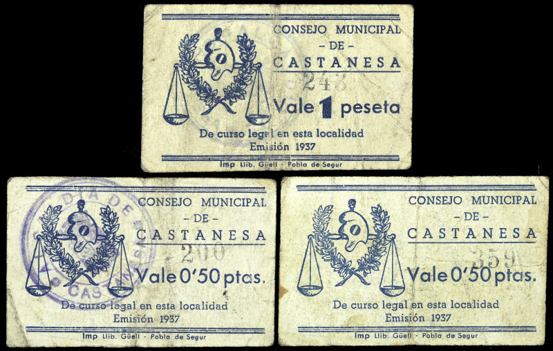 Castanesa (Huesca). Consejo Municipal. 50 céntimos (dos) y 1 peseta. (T. 138, 13...