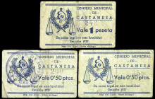 Castanesa (Huesca). Consejo Municipal. 50 céntimos (dos) y 1 peseta. (T. 138, 139 y 139a) (KG. 256) (RGH. 1746 y 1747). 3 cartones, todos los de la lo...