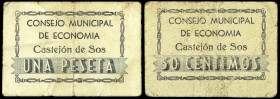 Castejón de Sos (Huesca). Consejo Municipal de Economía. 50 céntimos y 1 peseta. (T. 140 y 141) (KG. 257a) (RGH. 1749 y 1750). 2 cartones, serie compl...