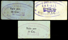 Estiche de Cinca (Huesca). Sindicato Único de Trabajadores. C.N.T.-A.I.T. 5, 10 y 25 céntimos. (KG. 339a) (RGH. 2364, sin imagen, 2365 y 2366). 3 cart...
