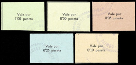 Estopiñán (Huesca). Comité de Proveimientos. 5, 10, 25, 50 céntimos y 1 peseta. (T. 169 a 173) (KG. falta) (RGH. 2377 a 2381). 5 cartones, serie compl...