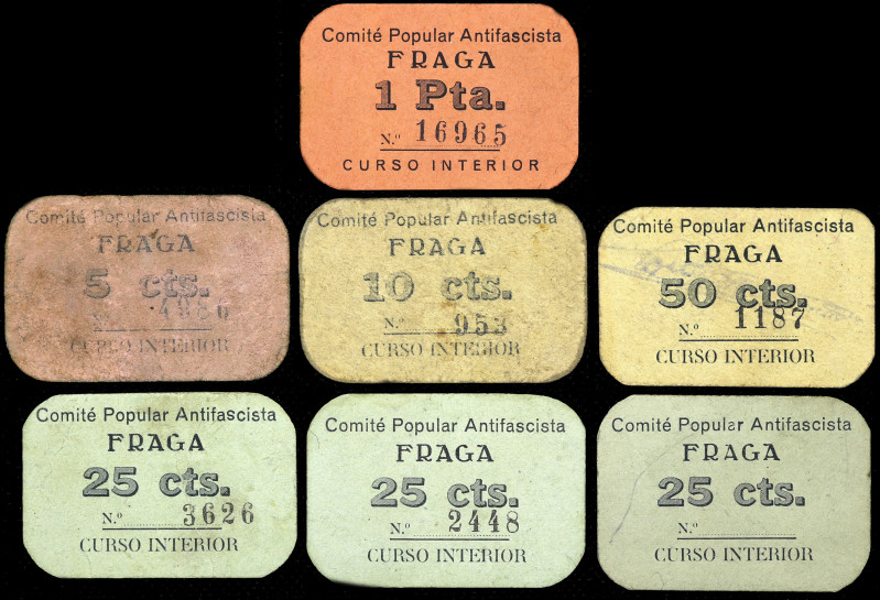 Fraga (Huesca). Comité Popular Antifascista. 5, 10, 25 (tres), 50 céntimos y 1 p...