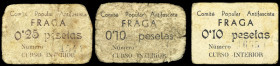 Fraga (Huesca). Comité Popular Antifascista. 10 (dos) y 25 céntimos. (T. 218, 219 y 221) (KG. 364a) (RGH. 2516, 2517, sin imagen y 2518). 3 cartones d...