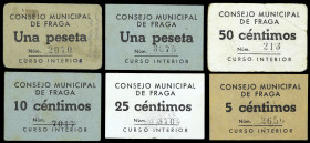 Fraga (Huesca). Consejo Municipal. 5, 10, 25, 50 céntimos y 1 peseta (dos). (T. 223, 224, 226, 227 y falta) (KG. 364) (RGH. 2520 a 2522, 2524, 2525 y ...