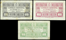 Grañen (Huesca). Consejo Municipal. 25, 50 céntimos y 1 peseta. (KG. 393) (RGH. 2723 a 2725). 3 billetes, serie completa. Los 25 céntimos nº 128 y los...