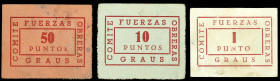 Graus (Huesca). Comité Fuerzas Obreras. 1, 10 y 50 puntos. (T. 240, 242a y 245a) (KG. 394a y falta) (RGH. 2730 var, 2735 y 2739). 3 cartones. Muy raro...