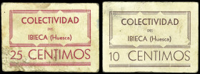 Ibieca (Huesca). Colectividad. 10 y 25 céntimos. (KG. 416) (RGH. 2913, sin imagen y 2914). 2 cartones, nº 47 y 119. Muy raros. BC+/MBC.