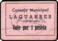 Laguarres (Huesca). Consejo Municipal. 1 peseta. (T. 252) (KG. 438) (RGH. 3095). Cartón. Con firma. Rarísimo. MBC+.