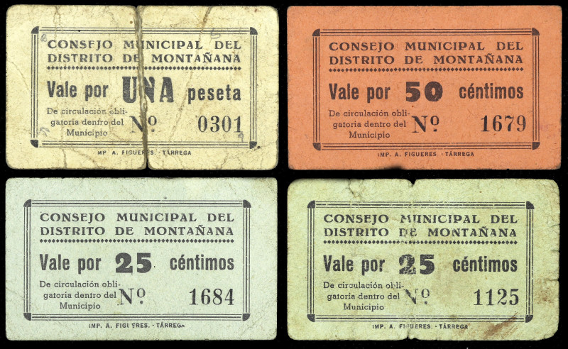 Montañana (Huesca). Consejo Municipal del Distrito. 25 (dos), 50 céntimos y 1 pe...