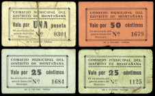 Montañana (Huesca). Consejo Municipal del Distrito. 25 (dos), 50 céntimos y 1 peseta. (KG. 504) (RGH. 3627, 3627a, 3628 y 3629). 4 cartones, una serie...