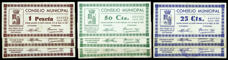 Monzón (Huesca). 25 (tres), 50 céntimos (tres) y 1 peseta (tres). (T. 284 a 292)...