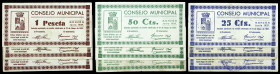 Monzón (Huesca). 25 (tres), 50 céntimos (tres) y 1 peseta (tres). (T. 284 a 292) (KG. 510) (RGH. 3674 a 3682). 9 billetes, 3 series completas. Todos l...