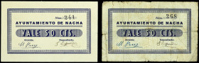 Nacha (Huesca). Ayuntamiento. 50 céntimos (dos). (T. 297 y 297 var) (KG. 526) (RGH. 3791 y 3791 var). 2 billetes, firmas y tampones de colores distint...