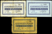 Nacha (Huesca). Ayuntamiento. 25 céntimos, 1 y 2 pesetas. (T. 295, 296 y 298) (KG. 526) (RGH. 3790, sin imagen, 3792 y 3793). 3 billetes, los de 25 cé...