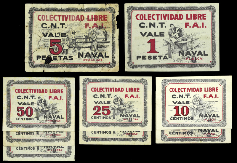 Naval (Huesca). Colectividad Libre. C.N.T.-F.A.I. 10 (dos), 25 (dos), 50 céntimo...