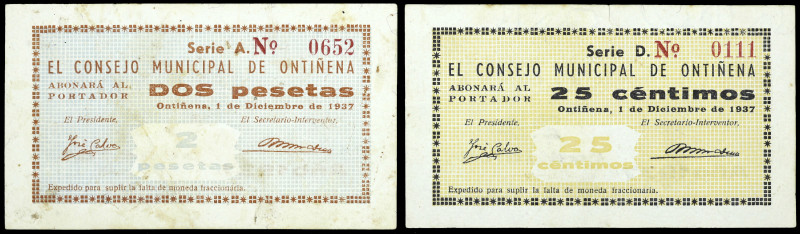 Ontiñena (Huesca). Consejo Municipal. 25 céntimos y 2 pesetas. (KG. 552) (RGH. 3...