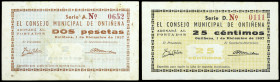 Ontiñena (Huesca). Consejo Municipal. 25 céntimos y 2 pesetas. (KG. 552) (RGH. 3946 y 3949). 2 billetes, los 25 céntimos nº 0111. Raros. MBC-/MBC+....