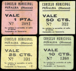 Peñalba (Huesca). Consejo Municipal. 10, 25, 50 céntimos y 1 peseta. (KG. 576) (RGH. 4130 a 4133). 4 cartones, serie completa. Los 25 céntimos, nº 331...