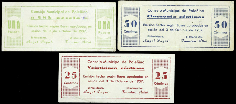 Poleñino (Huesca). Consejo Municipal. 25, 50 céntimos y 1 peseta. (KG. 592) (RGH...
