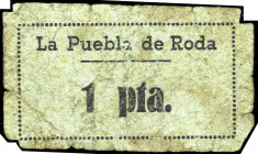 La Puebla de Roda. Ayuntamiento. 1 peseta. (T. 339) (KG. falta) (RGH. 4341). Cartón. Rarísimo. BC-.
