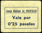 Puértolas (Huesca). Consejo Municipal. 25 céntimos. (KG. 619) (RGH. 4390). Cartón. Rarísimo. MBC-.